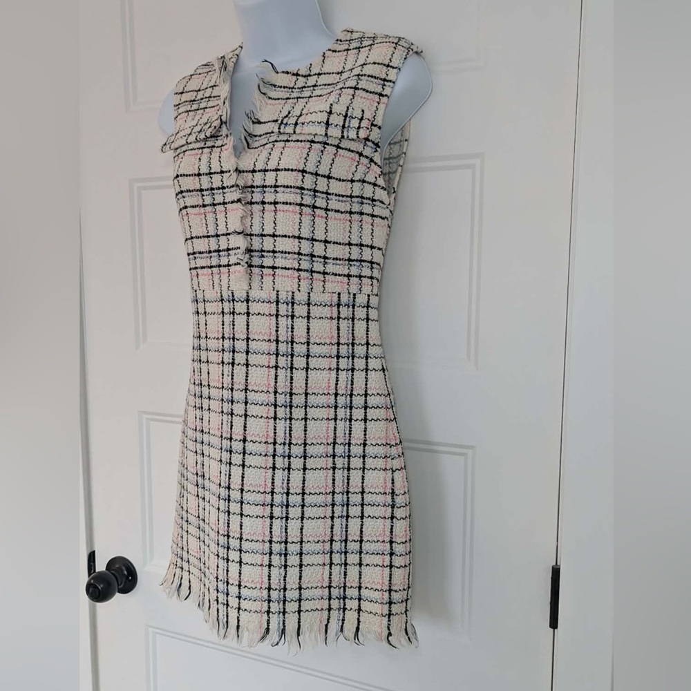 Maje Rianey Tweed Dress Size 34 Cream Plaid Fringe - Anthropologie dress - Picture 11 of 12